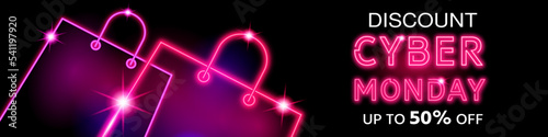 Cyber Monday sale discount banner. Modern glowing background with abstract neon shapes of gift bag icon in neon style. Final sale up to 50% off. neon style. Banner, poster vector illustration.