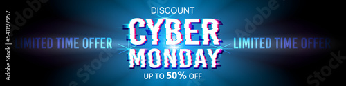 Cyber monday banner sale discount in glitch style. Glow banner. Modern trendy sale banner. Final sale up to 50% off. Special offer. Limited time offer. Banner template, poster vector illustration.