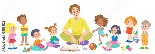 Young man sits surrounded by children of different nationalities. In cartoon style. Isolated on white background. Vector flat illustration