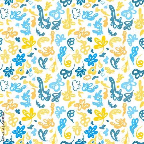 Floral pattern of blue and yellow elements. Colors of the Ukrainian flag. Seamless vector image.