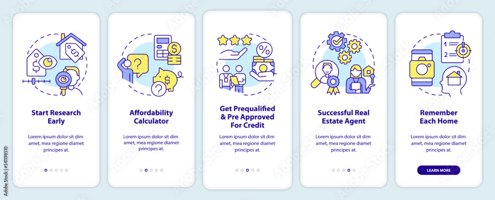 Homebuying process onboarding mobile app screen. Buy new house walkthrough 5 steps editable graphic instructions with linear concepts. UI, UX, GUI template. Myriad Pro-Bold, Regular fonts used