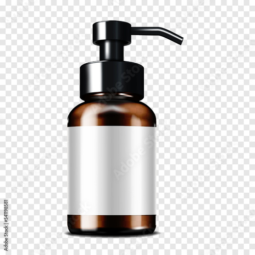 Dark brown clear glass or plastic cosmetic bottle with pump dispenser black cap and white blank label on transparent background realistic vector mockup. Template for design