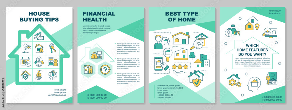 Home buying tips brochure template. Property value factors. Leaflet design with linear icons. Editable 4 vector layouts for presentation, annual reports. Arial-Black, Myriad Pro-Regular fonts used