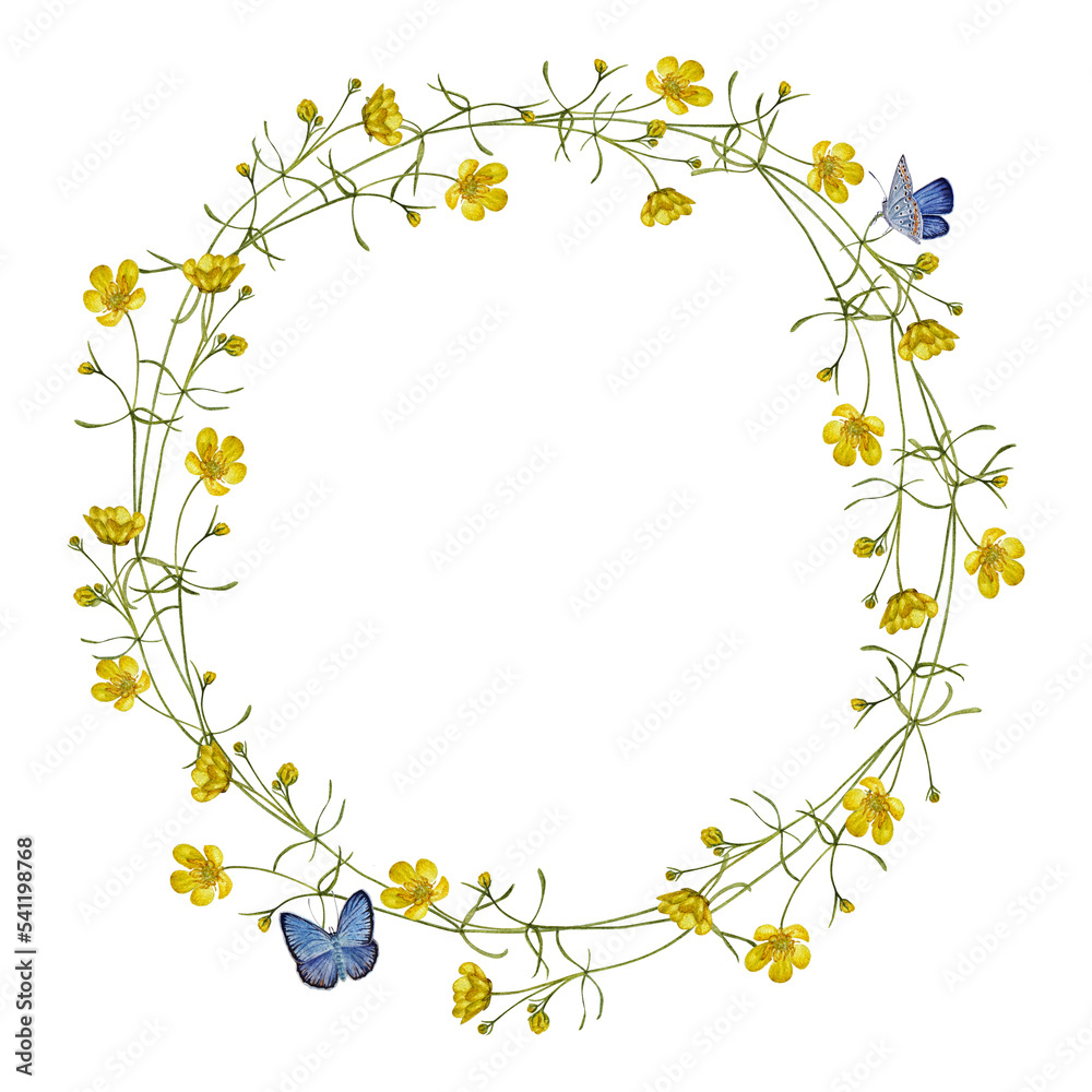 Watercolor floral wreath of hand-painted yellow buttercups with blue butterflies for beautiful botanical, delicate, rustic, boho style projects, wedding invitations, textiles, menus, greeting cards