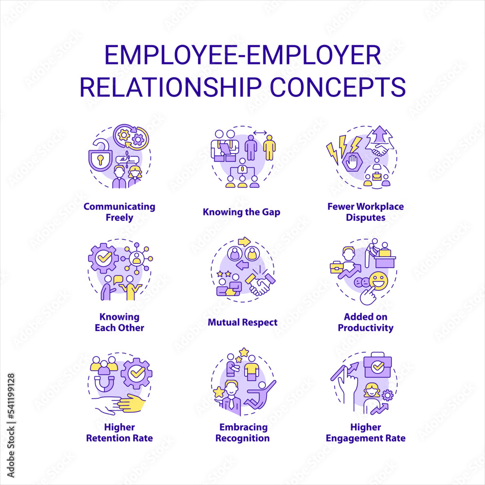 Employee employer relationship concept icons set. Work ethics. Relations in workplace idea thin line color illustrations. Isolated symbols. Editable stroke. Roboto-Medium, Myriad Pro-Bold fonts used