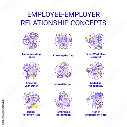 Employee employer relationship concept icons set. Work ethics. Relations in workplace idea thin line color illustrations. Isolated symbols. Editable stroke. Roboto-Medium, Myriad Pro-Bold fonts used