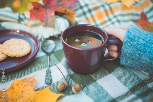 Cup of black coffee held by woman's hand on cozy blanket. Coffee on autumn day, autumn atmosphere in the park or garden.
 photo