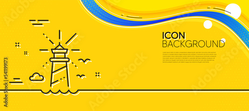 Lighthouse line icon. Abstract yellow background. Beacon tower sign. Searchlight building symbol. Minimal lighthouse line icon. Wave banner concept. Vector