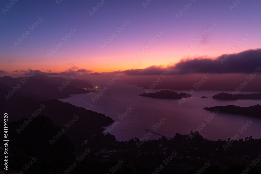 Dawn view of Lyttelton Harbour, Christchurch, New Zealand.