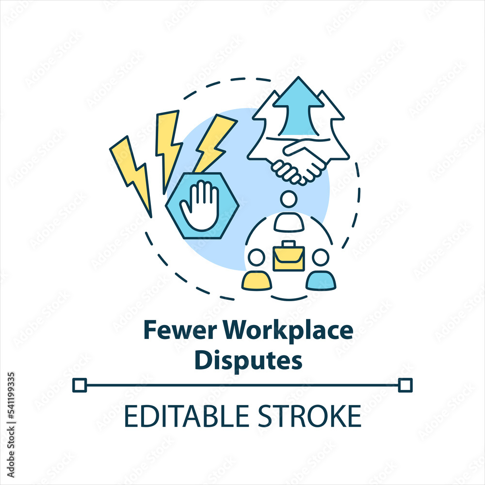 Fewer workplace disputes concept icon. Avoid conflicts. Friendly work environment abstract idea thin line illustration. Isolated outline drawing. Editable stroke. Arial, Myriad Pro-Bold fonts used