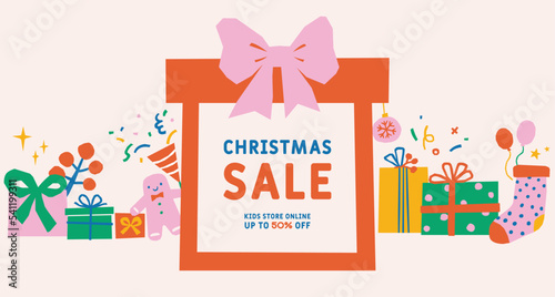 Christmas sale banner. Colorful flat papercut design in kids' concept.