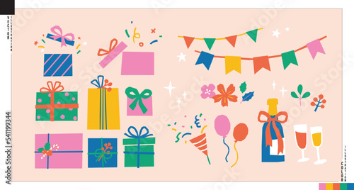 Vector of gift boxes and party flat design elements. Colored icons in papercut style. Christmas celebrations  birthday parties  special days.