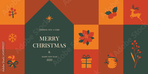 Merry Christmas and Happy New Year background. Cute illustration of winter holiday icons in a simple design with copy space.   