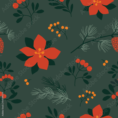 Vector of seamless Christmas floral in green background. Winter holiday season concept.