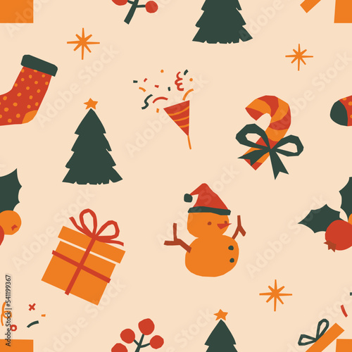 Seamless Christmas pattern on beige color background. Vector illustration of winter holiday symbols and fun party elements.