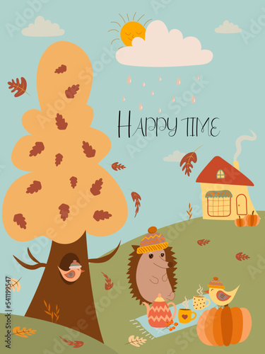 Autumn card illustration with cute birds and hedgehog