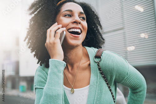 Photography Happy, phone call and black woman in a street, smile and talking while walking in city in New York