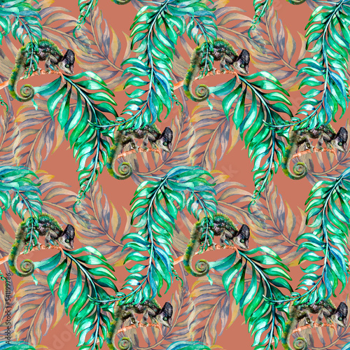 Chameleon on palm leaves ornate pattern watercolor illustration