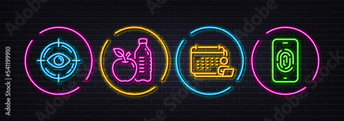 Healthy food, Eye target and Accounting minimal line icons. Neon laser 3d lights. Fingerprint icons. For web, application, printing. Drink bottle, Optometry, Schedule report. Biometric scan. Vector
