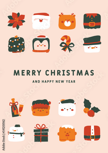 Festive Xmas greeting cards. A Cute hand-drawn Merry Christmas and happy new year postcard with winter holiday symbols.