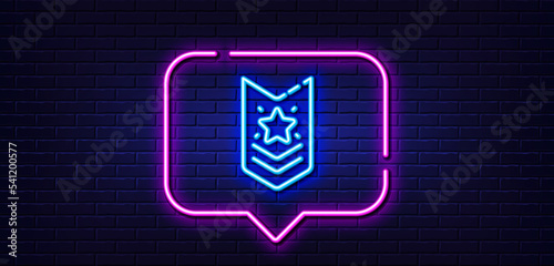 Neon light speech bubble. Shoulder strap stars line icon. Star award sign. Best rank symbol. Neon light background. Shoulder strap glow line. Brick wall banner. Vector