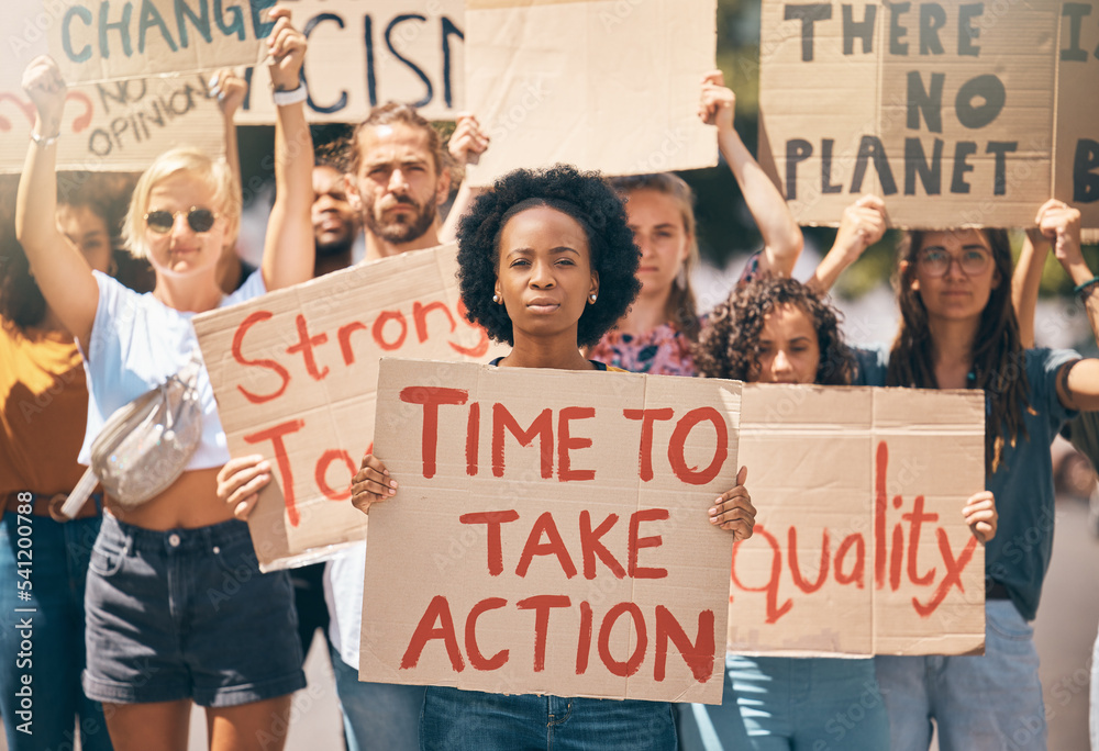 The Timing Of The Protest Continued To Change Because... Group, protest and portrait in street, poster or climate change with