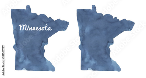 Watercolour illustration set of Minnesota State Map Silhouette in dark blue color. Two variations: empty template and with text lettering. Hand painted water color drawing, cut out element for design.