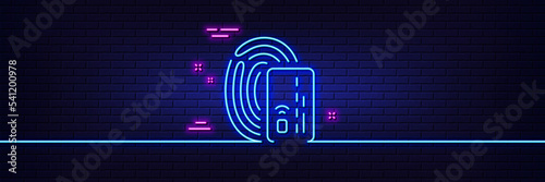 Neon light glow effect. Credit card line icon. Bank money payment sign. Fingerprint pay symbol. 3d line neon glow icon. Brick wall banner. Card outline. Vector