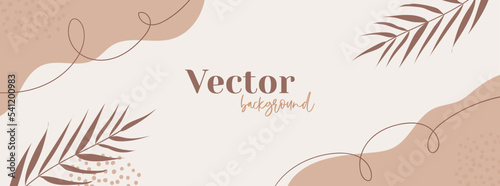 Minimal long banner in neutral colors. Abstract organic shapes, palm leaves boho background. Facebook cover template