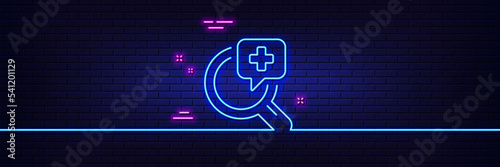 Neon light glow effect. Medical analyzes line icon. Medicine help sign. Pharmacy medication symbol. 3d line neon glow icon. Brick wall banner. Medical analyzes outline. Vector