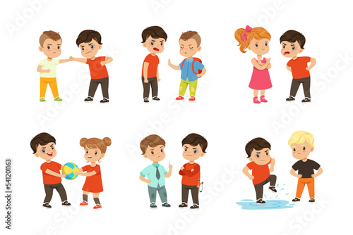 Brave Little Boy and Girl Standing Up Against Bullying and Warring Behavior Vector Set