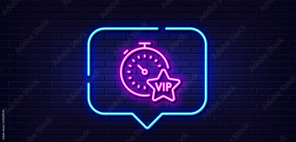 Neon light speech bubble. Vip timer line icon. Very important person sign. Member club privilege symbol. Neon light background. Vip timer glow line. Brick wall banner. Vector Neon light speech bubble. Vip timer line icon. Very important person sign. Member club privilege symbol. Neon light background. Vip timer glow line. Brick wall banner. Vector