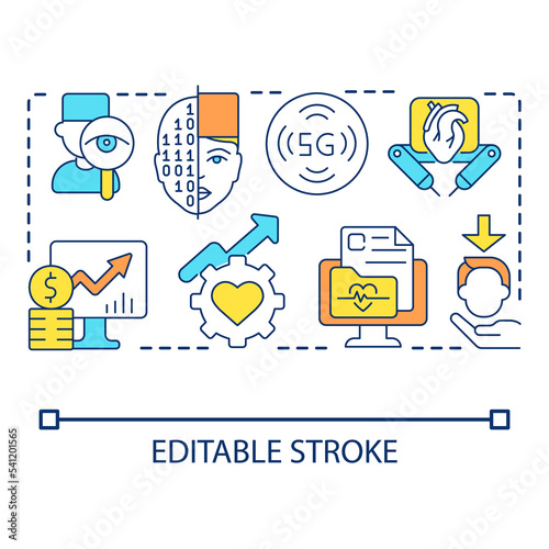 Digital healthcare technologies concept icon. Medical industry future. Telehealth services abstract idea thin line illustration. Isolated outline drawing. Editable stroke. Arial font used