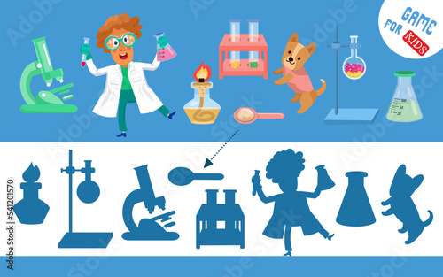 Find the correct shadow. Chemist scientist, lab objects in cartoon flat style. Educational game puzzle for children. Activity, vector illustration.