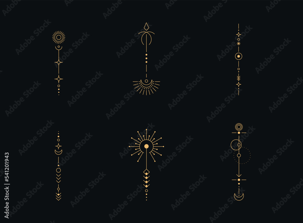 Set of moon and sun line art. Minimal boho linear symbols. Celestial mystic element. Vector line art illustration.