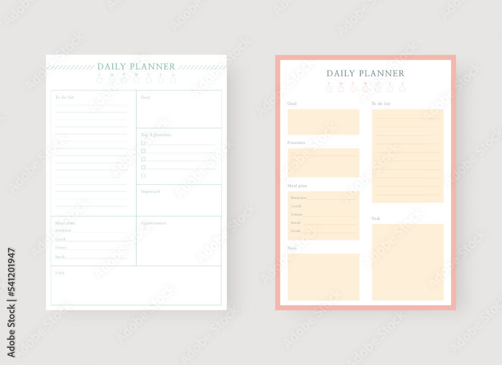 Daily planner template. Set of planner and to do list. Modern planner