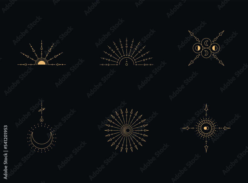 Set of moon and sun line art. Minimal boho linear symbols. Celestial mystic element. Vector line art illustration.