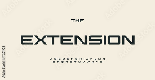 Wide sans serif font for automotive, industrial, sport, esports, fashion and technological industries. Modern typeface, elegant semibold alphabet for logo, lettering, and headline. Vector typography photo