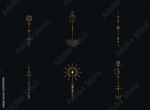 Set of moon and sun line art. Minimal boho linear symbols. Celestial mystic element. Vector line art illustration.