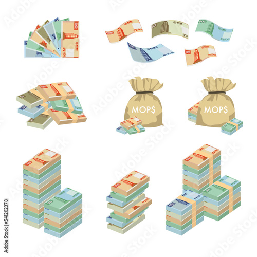Macau Pataca Vector Illustration. Huge packs of Chinese money set bundle banknotes. Bundle with cash bills. Deposit, wealth, accumulation and inheritance. Falling money 1000, 500, 100, 50 MOP
