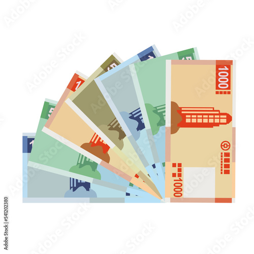 Macau Pataca Vector Illustration. Chinese money set bundle banknotes. Paper money 1000, 500, 100, 50 MOP. Flat style. Isolated on white background. Simple minimal design.