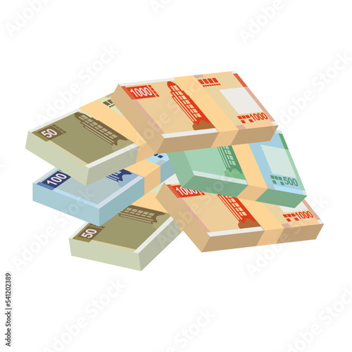 Macau Pataca Vector Illustration. Chinese money set bundle banknotes. Paper money 1000, 500, 100, 50 MOP. Flat style. Isolated on white background. Simple minimal design.