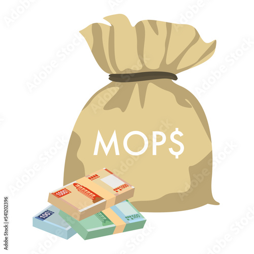 Macau Pataca Vector Illustration. Chinese money set bundle banknotes. Money bag 1000, 500, 100  MOP. Flat style. Isolated on white background. Simple minimal design. photo