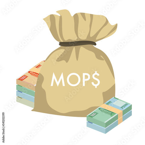 Macau Pataca Vector Illustration. Chinese money set bundle banknotes. Money bag 1000, 500, 100, 50 MOP. Flat style. Isolated on white background. Simple minimal design.