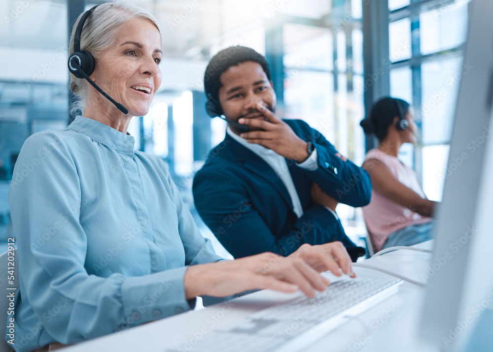 Woman, diversity customer support service employee and smile working for digital call center or online telemarketing business. Crm consultant in office, help desk and consulting colleague for PC help Woman, diversity customer support service employee and smile working for digital call center or online telemarketing business. Crm consultant in office, help desk and consulting colleague for PC help