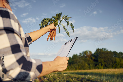 Document with information and carrots in hand. Woman is on the agricultural field at daytime