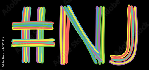 NJ Hashtag. Multicolored bright isolate curves doodle letters like from marker, oil paint. #NJ is abbreviation for the USA state New Jersey for social network, web resources, mobile apps.