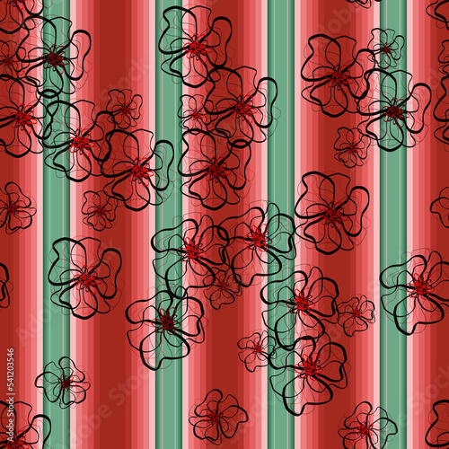 Blanket stripes and abstract flowers seamless pattern. Serape background and floral. Traditional mexican rug ornament.