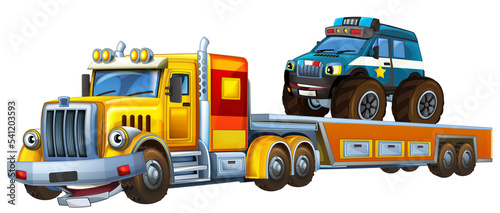 cartoon scene tow truck driving with load police car