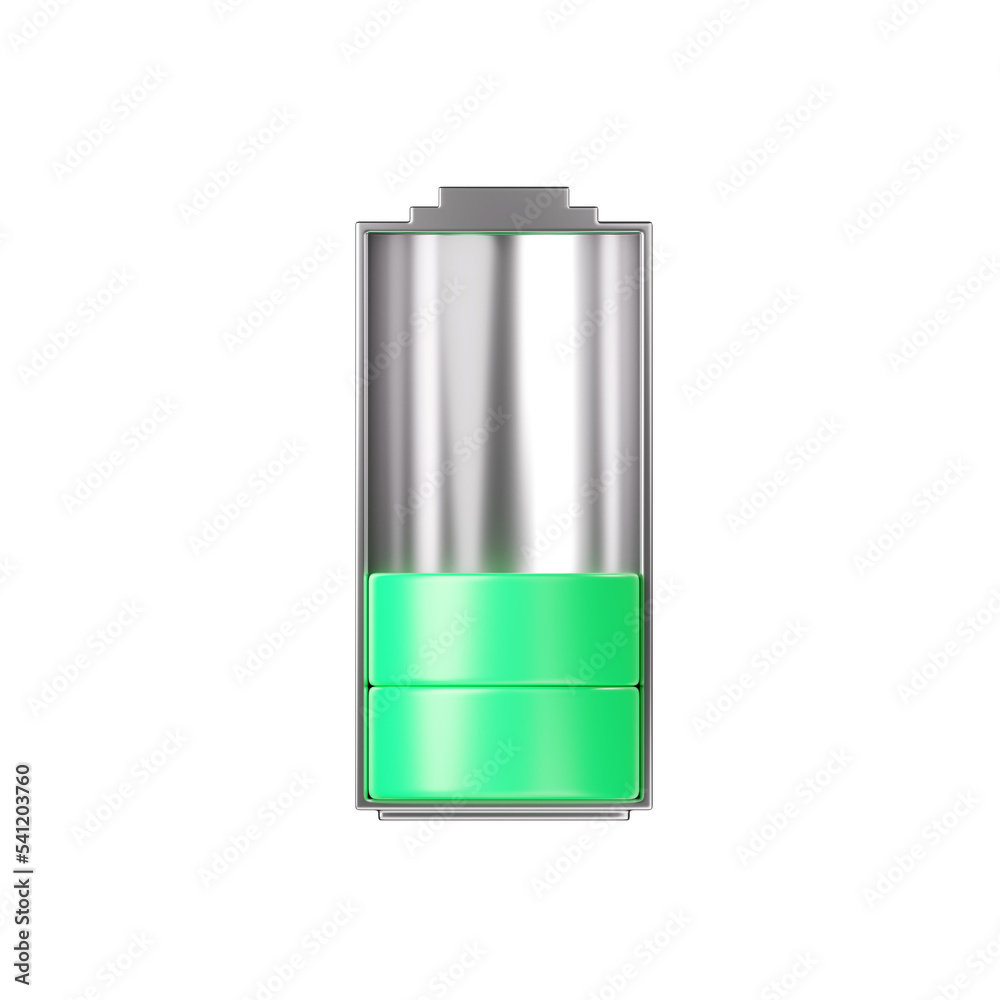 Battery 3d icon - low level capacity, energy storage. Power charge indicator, lithium element render illustration Battery 3d icon - low level capacity, energy storage. Power charge indicator, lithium element render illustration